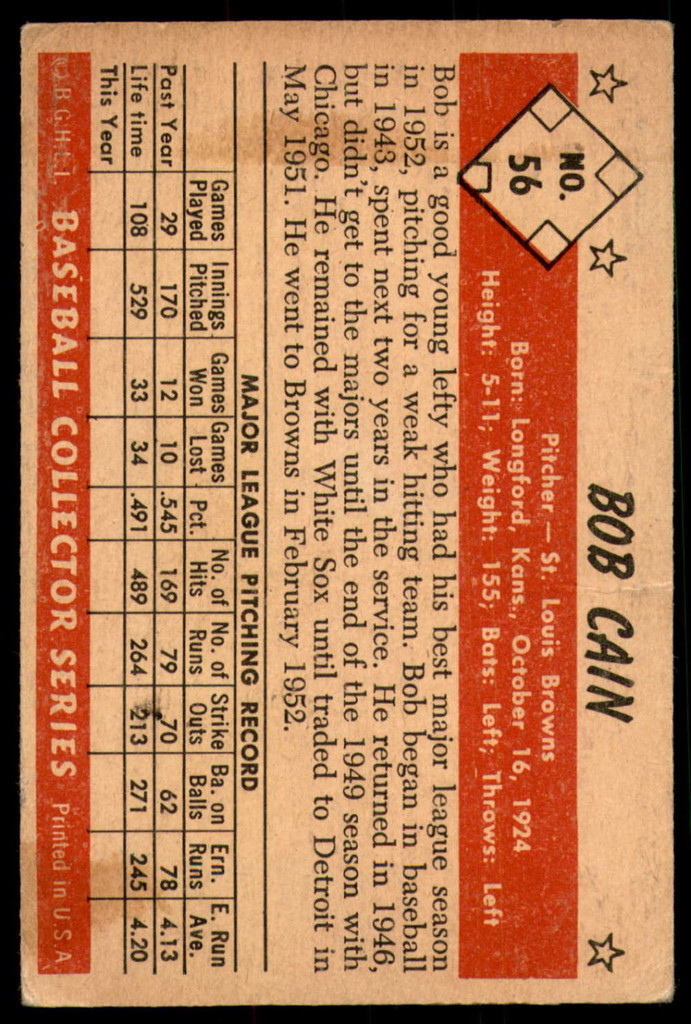1953 Bowman Color #56 Bob Cain Very Good 