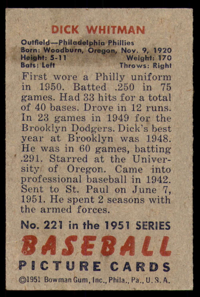 1951 Bowman #221 Dick Whitman Excellent+ RC Rookie  ID: 210019