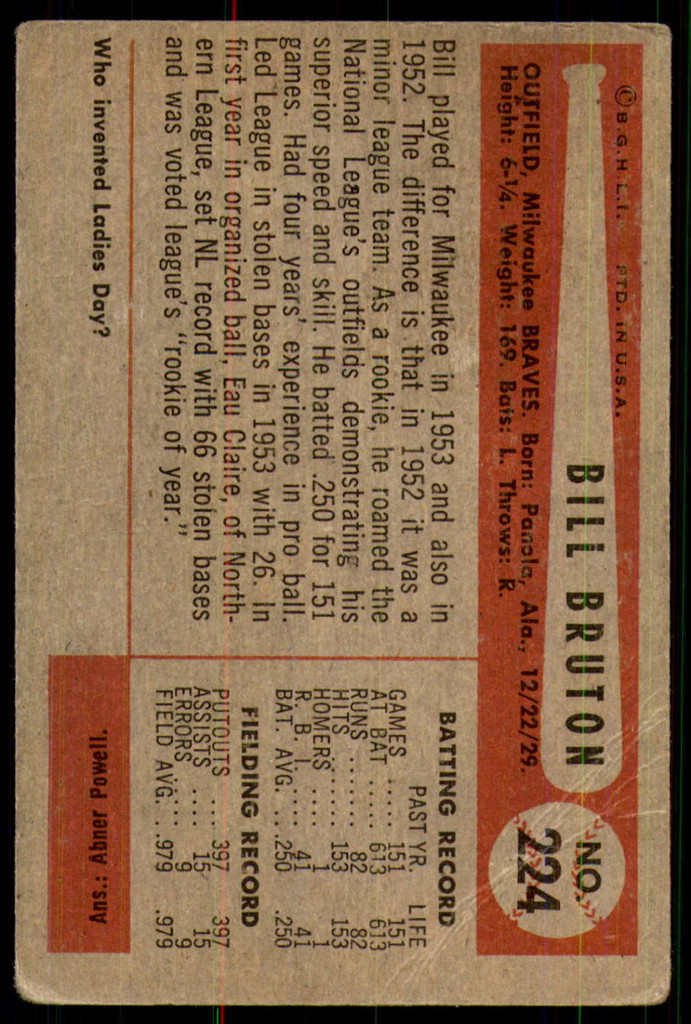 1954 Bowman #224 Bill Bruton UER G-VG  ID: 219774