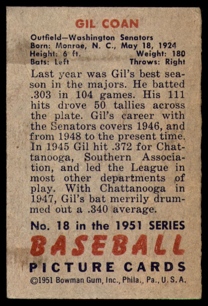 1951 Bowman #18 Gil Coan Excellent+  ID: 209816