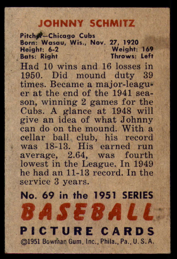 1951 Bowman #69 Johnny Schmitz Excellent+ 