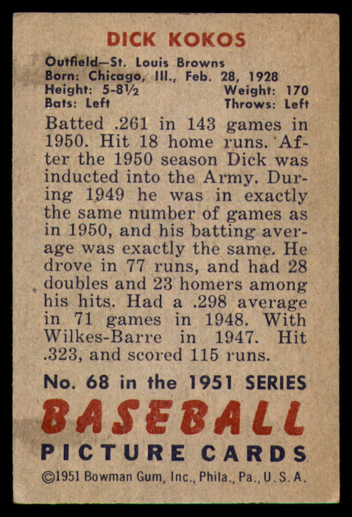 1951 Bowman #68 Dick Kokos Excellent+  ID: 226775
