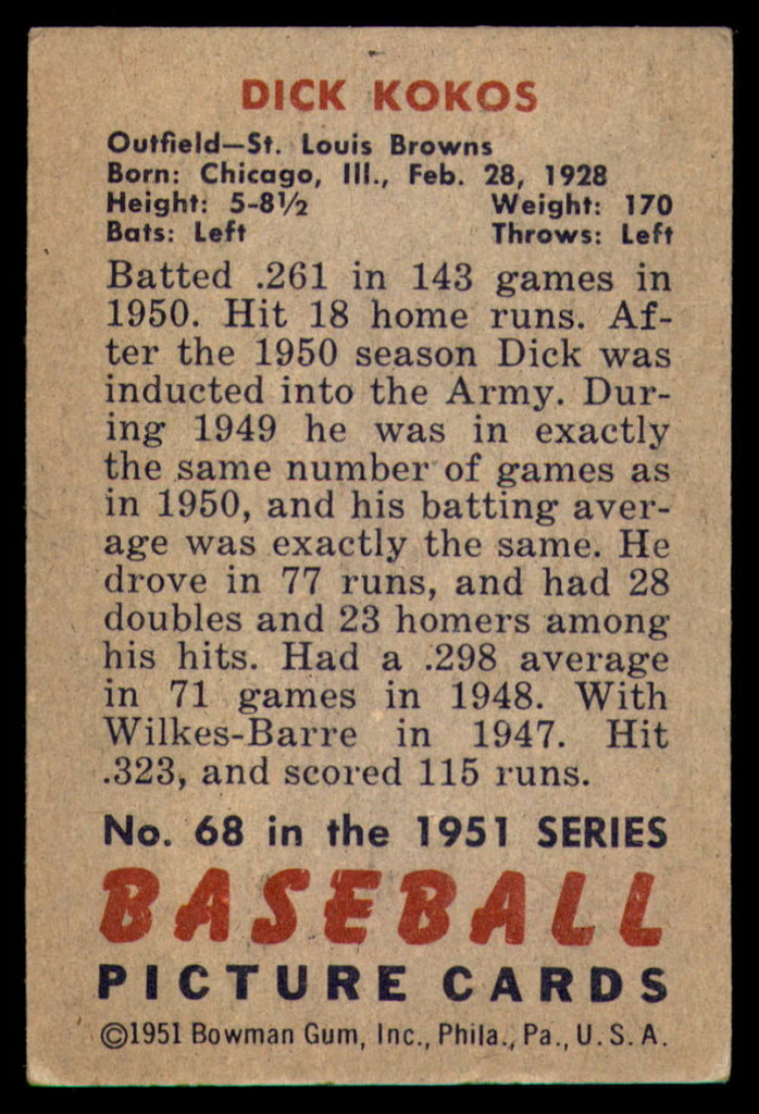 1951 Bowman #68 Dick Kokos Excellent+  ID: 226778