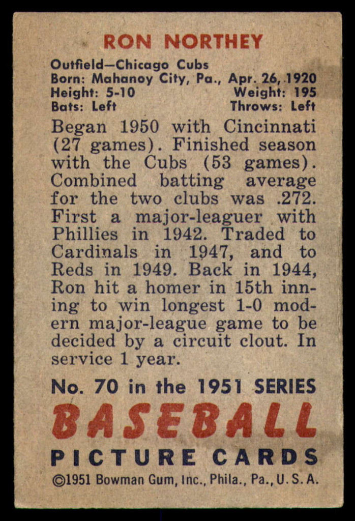1951 Bowman #70 Ron Northey Excellent+  ID: 226782