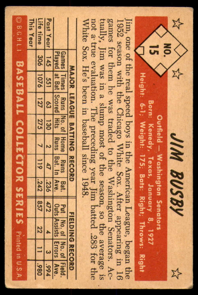 1953 Bowman Color #15 Jim Busby Very Good  ID: 237315