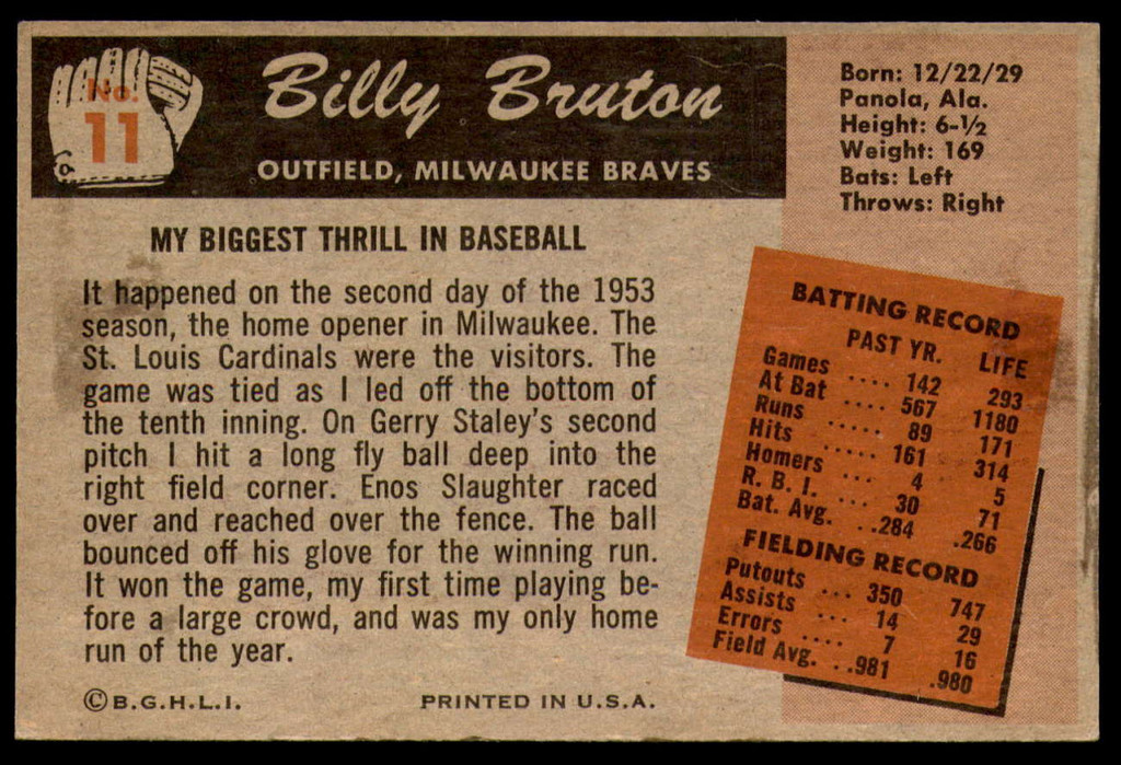 1955 Bowman #11 Bill Bruton Ex-Mint 