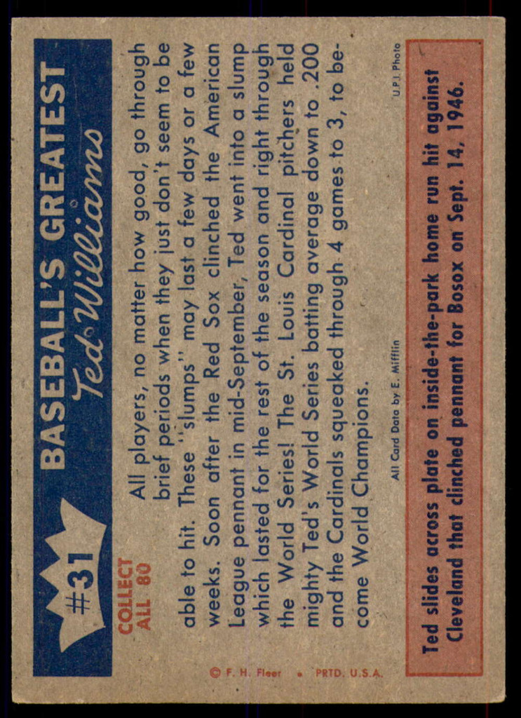 1959 Fleer Ted Williams #31 Oct. 1946 - Sox Lose The Series Ex-Mint  ID: 249505