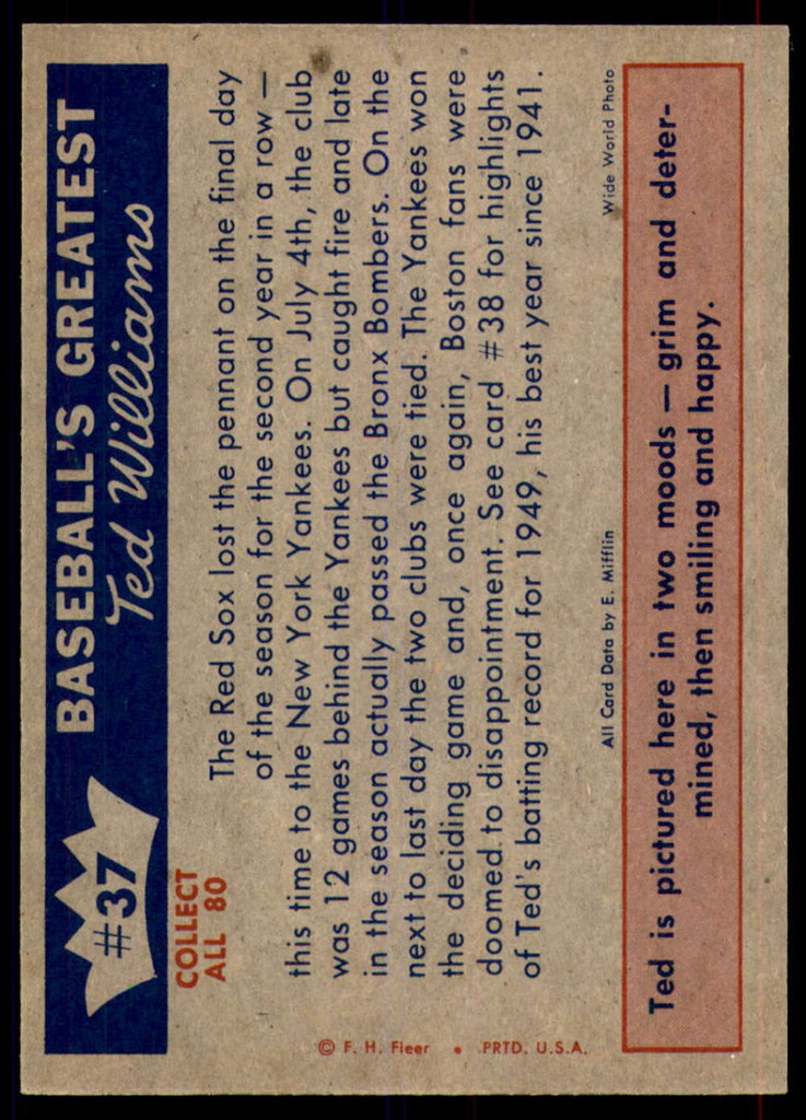 1959 Fleer Ted Williams #37 1949 - Sox Miss Out Again Ex-Mint 