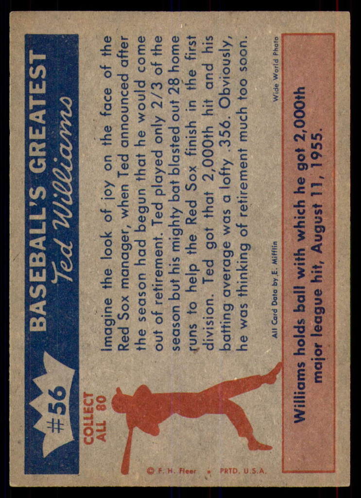 1959 Fleer Ted Williams #56 1955 - 2,000th Major League Hit Ex-Mint  ID: 249525
