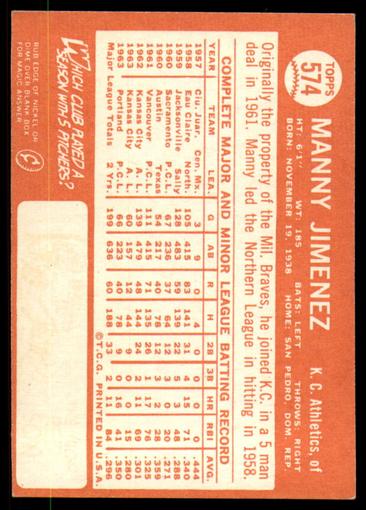 1964 Topps #574 Manny Jimenez Ex-Mint  ID: 248763