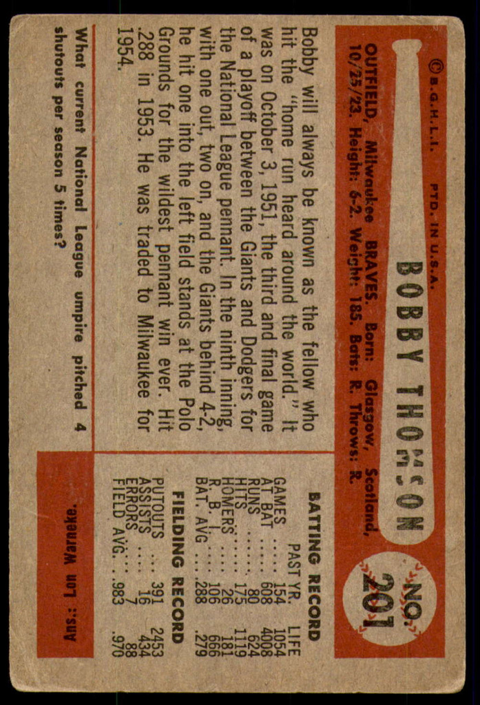 1954 Bowman #201 Bobby Thomson Very Good  ID: 228370