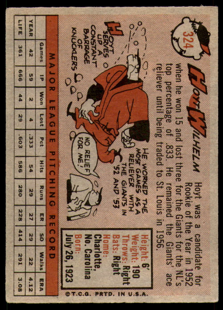 1958 Topps #324 Hoyt Wilhelm UER VG-EX 