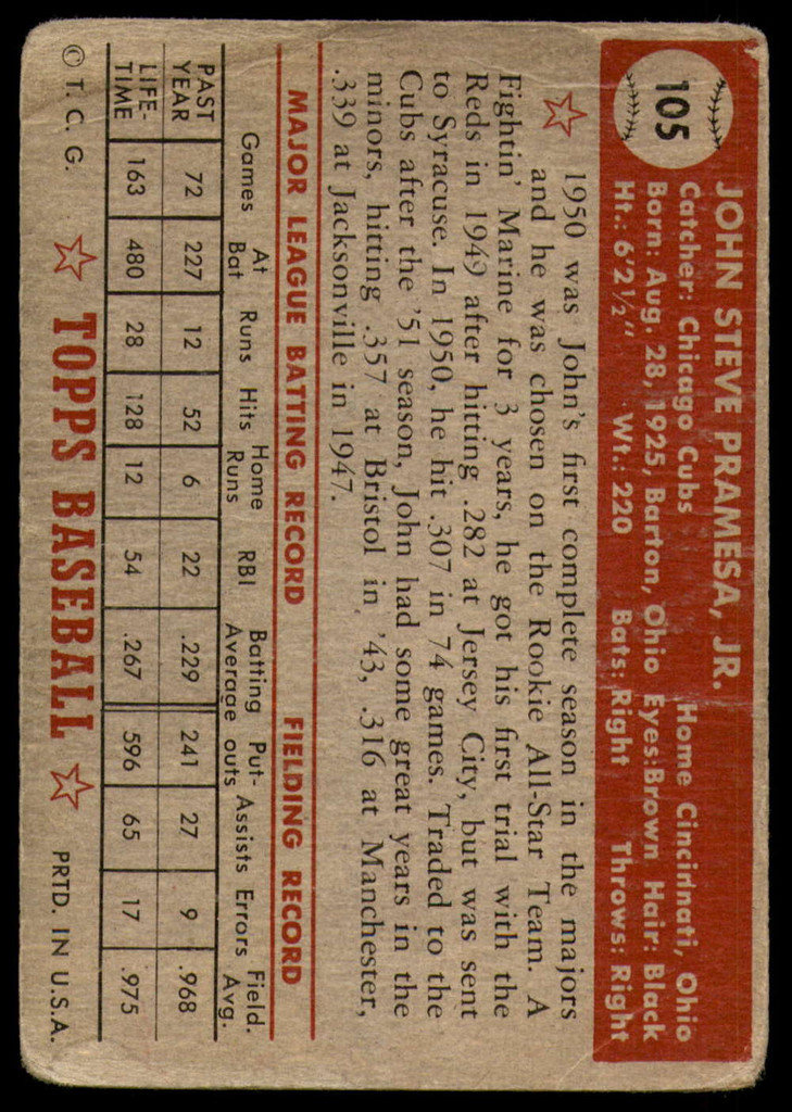 1952 Topps #105 Johnny Pramesa Good  ID: 219250