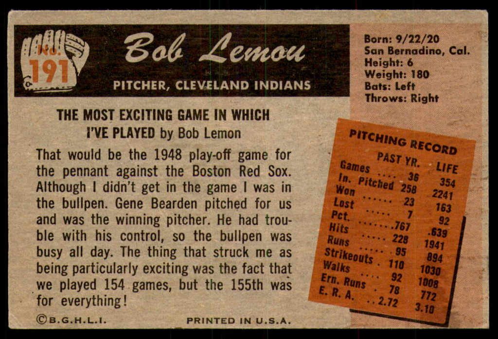 1955 Bowman #191 Bob Lemon Very Good  ID: 241014