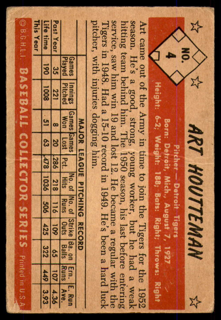 1953 Bowman Color #4 Art Houtteman G-VG 