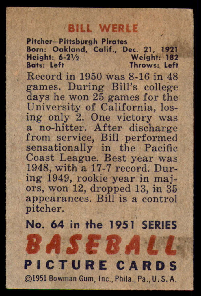 1951 Bowman #64 Bill Werle Excellent  ID: 209862