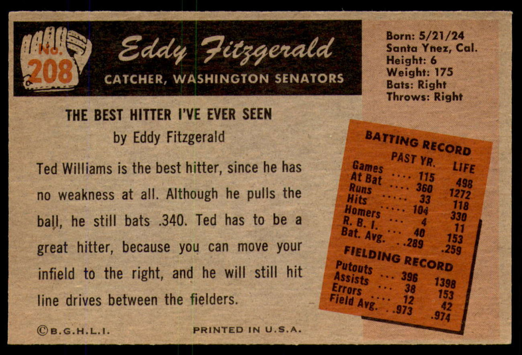 1955 Bowman #208 Ed Fitzgerald Near Mint+  ID: 220366