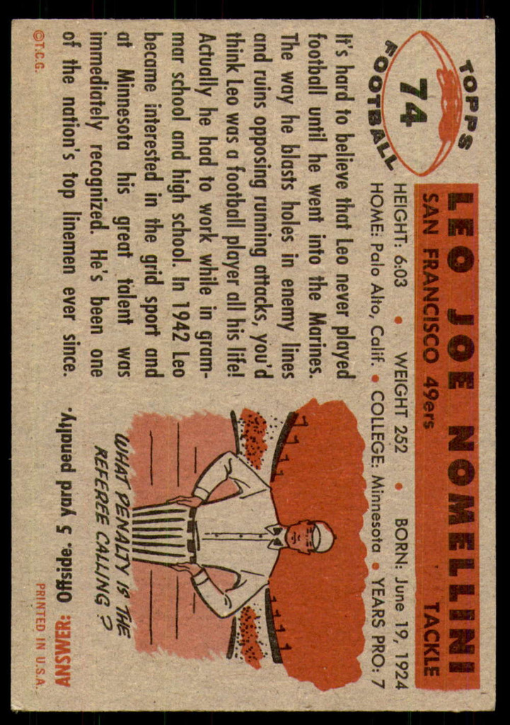 1956 Topps #74 Leo Nomellini Excellent  ID: 222457