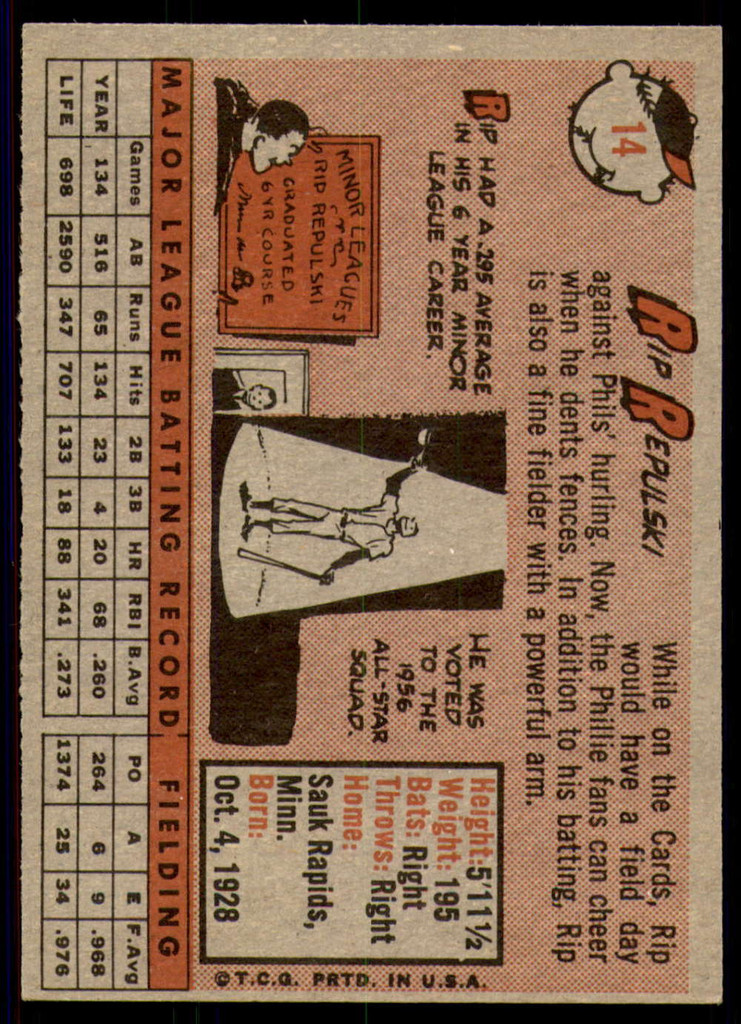1958 Topps #14 Rip Repulski Ex-Mint  ID: 221195