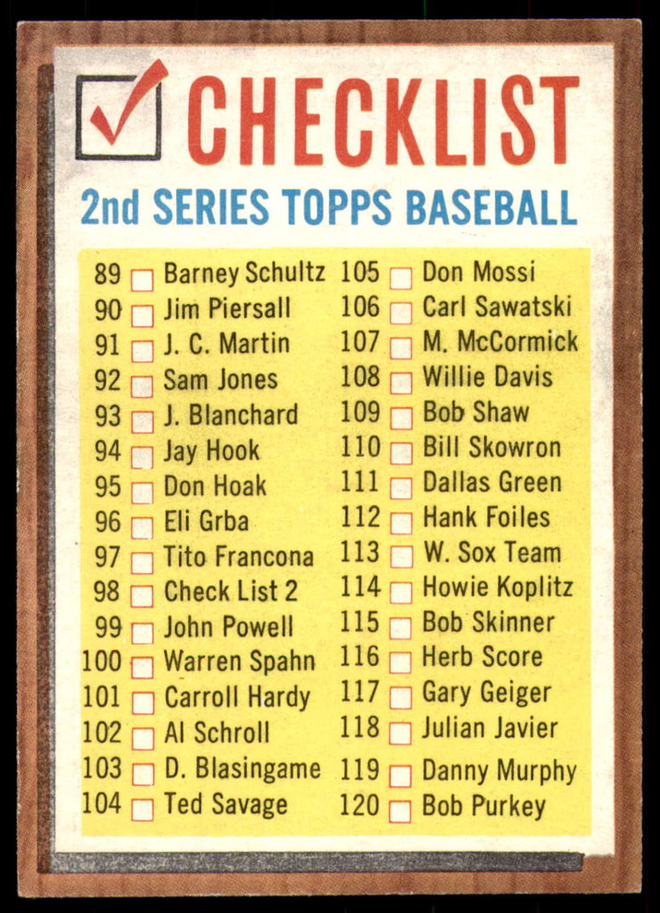 1962 Topps #98 Checklist 89-176 Ex-Mint  ID: 236365