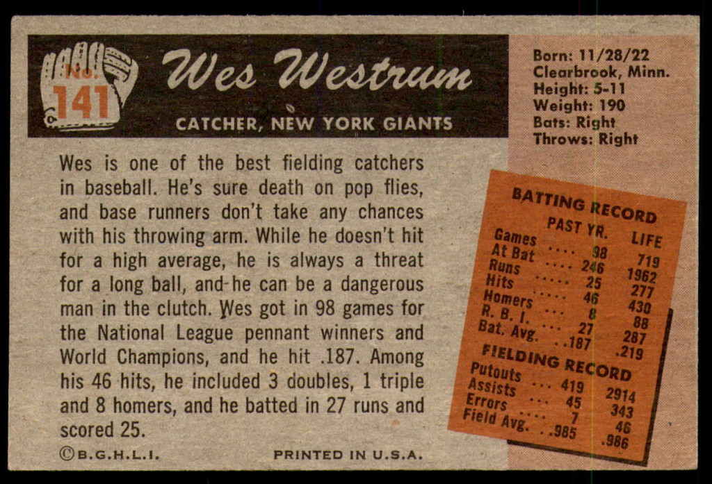 1955 Bowman #141 Wes Westrum Excellent+ 