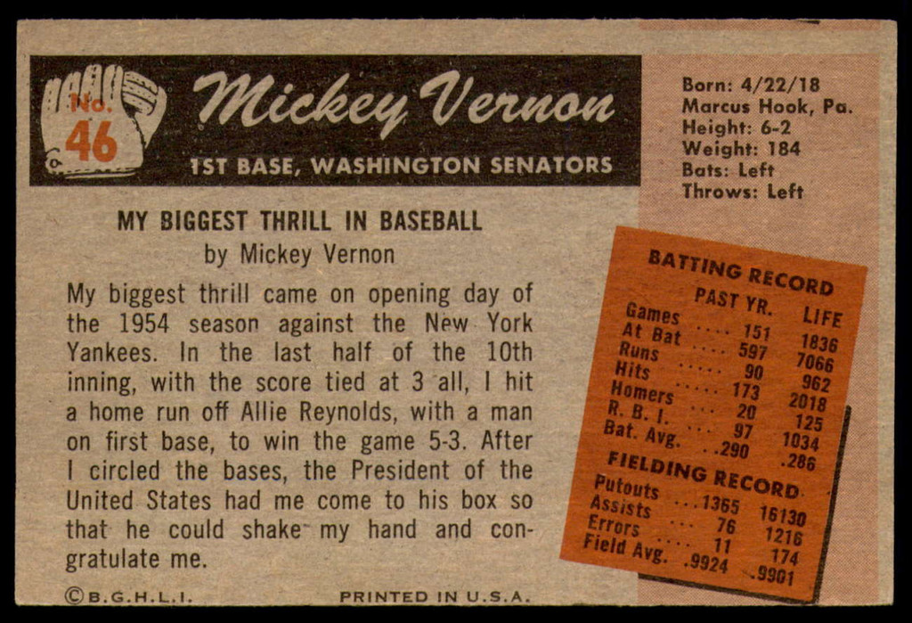 1955 Bowman #46 Mickey Vernon Excellent+  ID: 210265