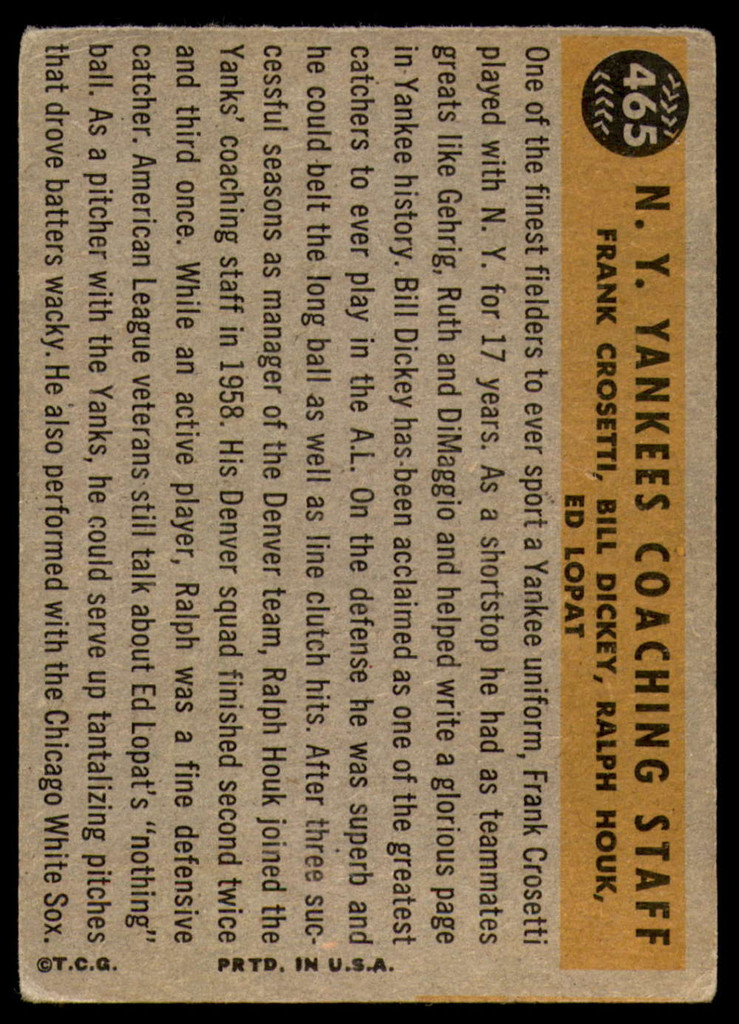 1960 Topps #465 Yankees Coaches Very Good 