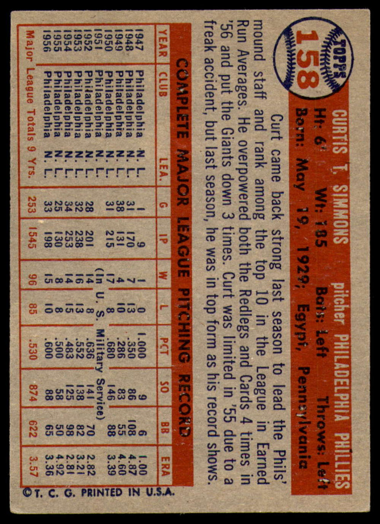 1957 Topps #158 Curt Simmons Excellent+  ID: 221034