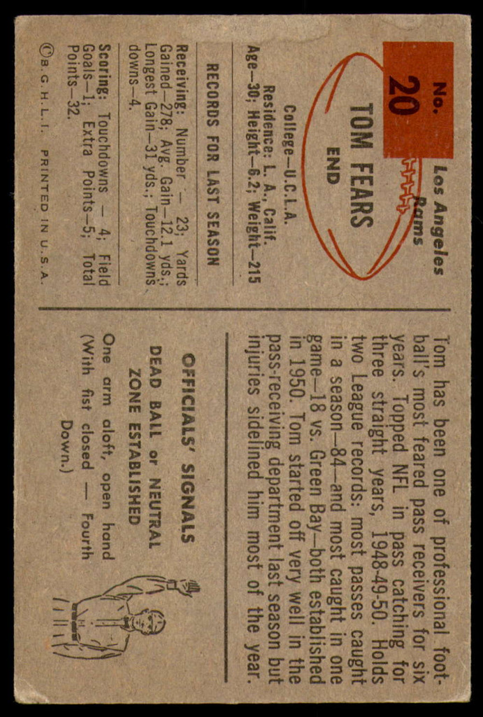 1954 Bowman #20 Tom Fears Very Good  ID: 222101