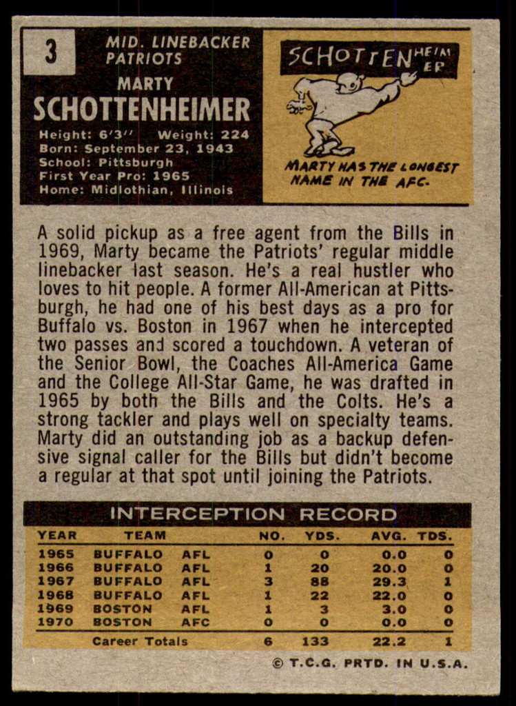 1971 Topps #   3 Marty Schottenheimer Ex-Mint RC Rookie  ID: 225714