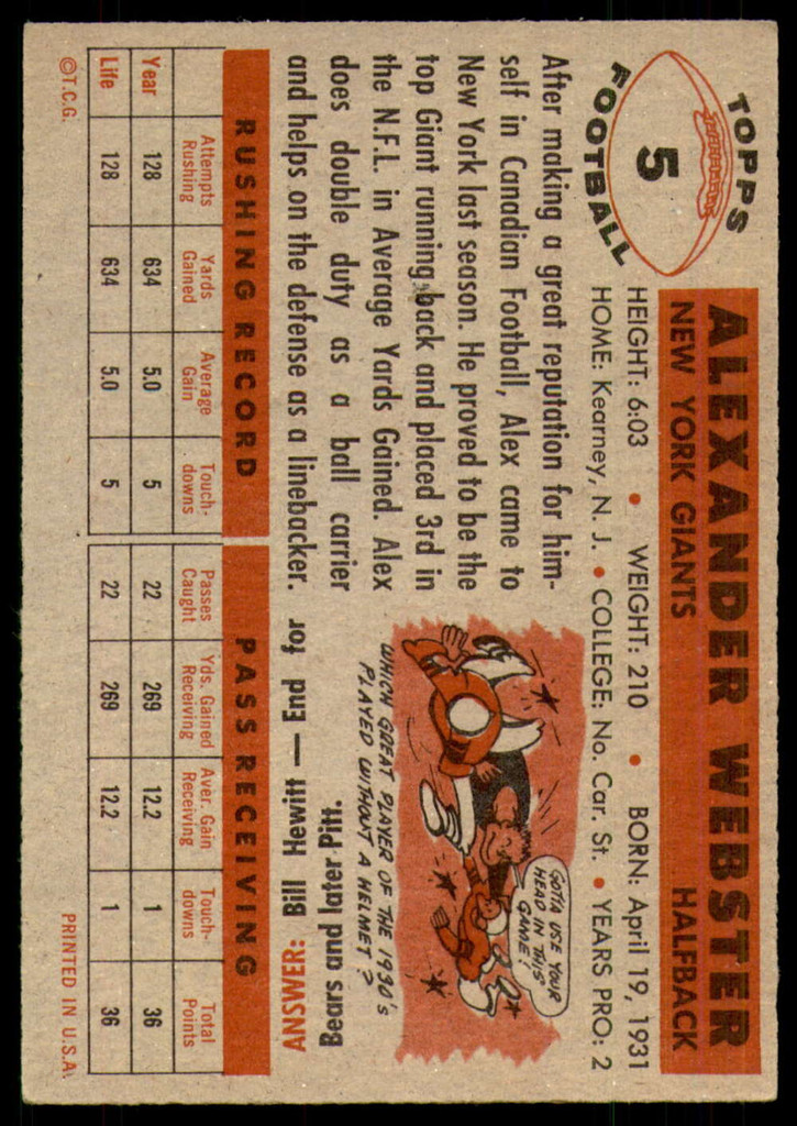 1956 Topps #5 Alex Webster Excellent+ RC Rookie 