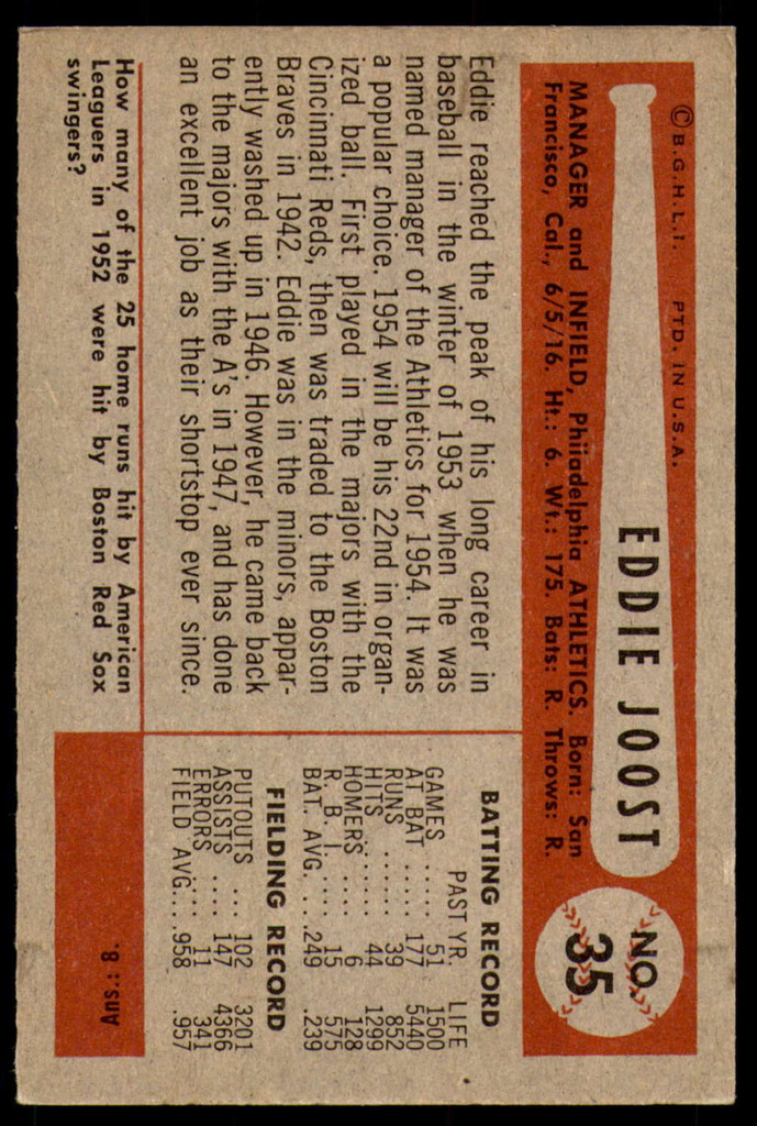 1954 Bowman #35 Eddie Joost Ex-Mint 