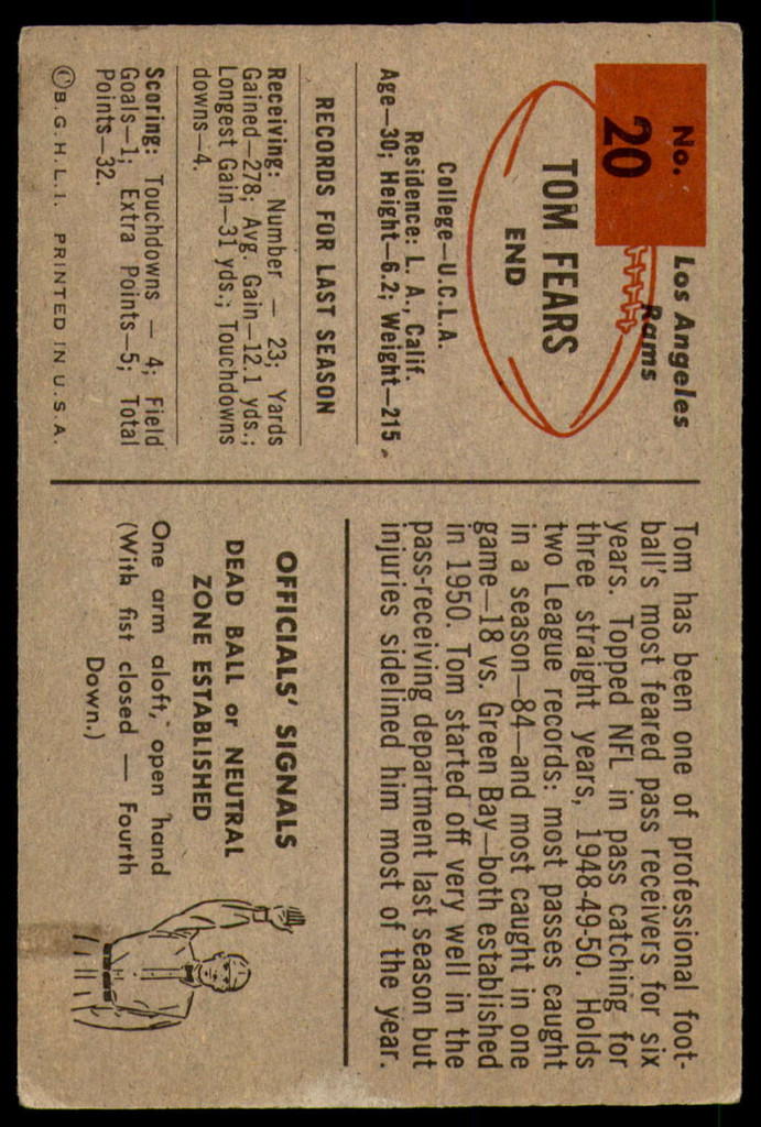 1954 Bowman #20 Tom Fears Very Good  ID: 236007