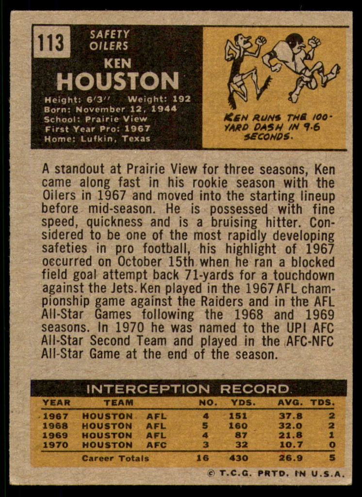 1971 Topps #113 Ken Houston Excellent+ RC Rookie  ID: 225773