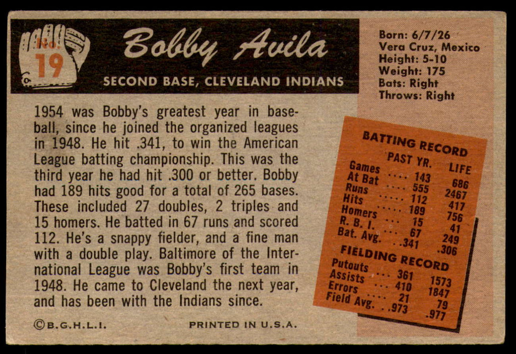 1955 Bowman #19 Bobby Avila Excellent 
