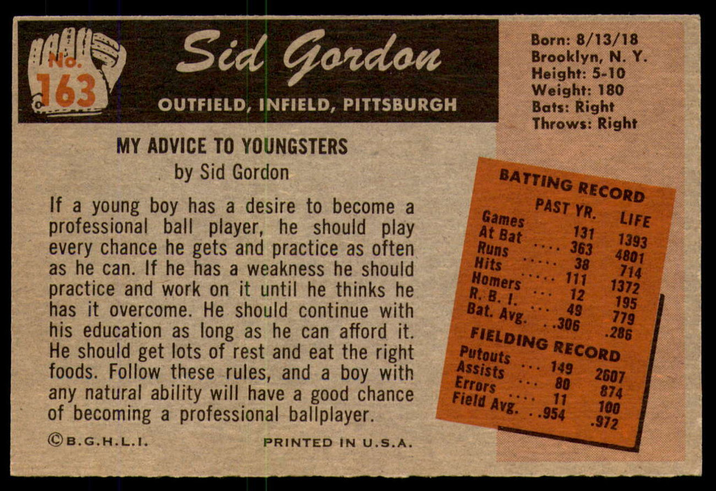 1955 Bowman #163 Sid Gordon Excellent+ 