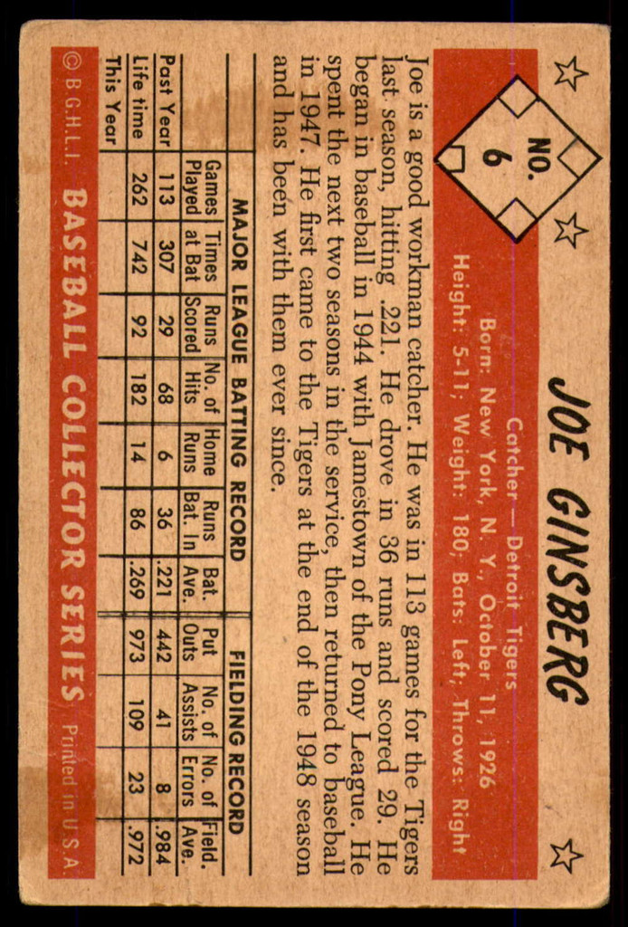 1953 Bowman Color #6 Joe Ginsberg Good  ID: 251041