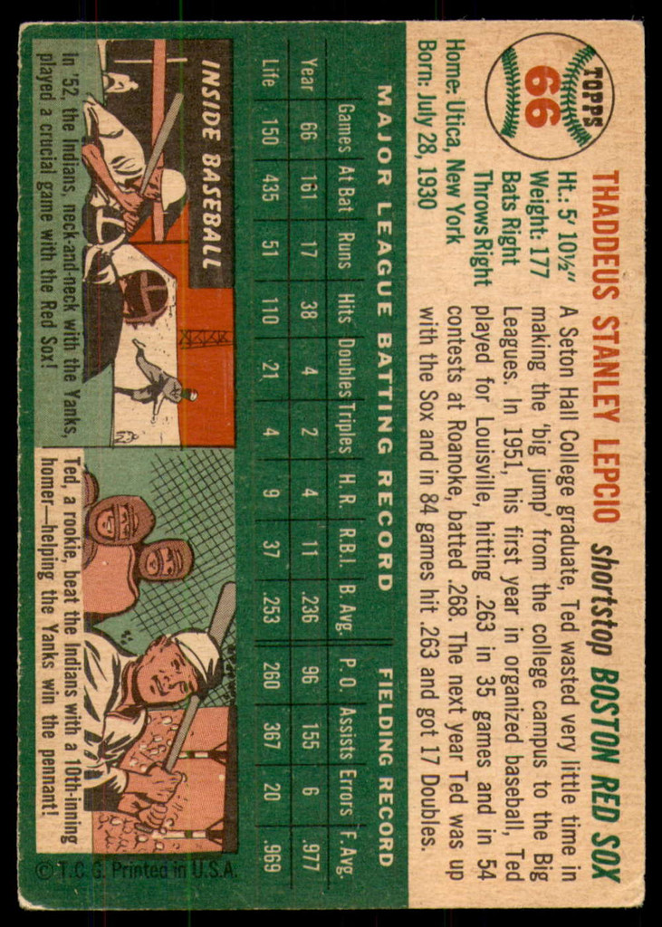 1954 Topps #66 Ted Lepcio Very Good  ID: 237498