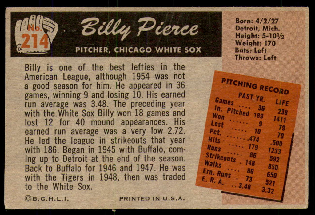 1955 Bowman #214 Billy Pierce Excellent 