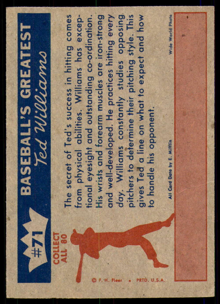 1959 Fleer Ted Williams #71 Ted's Hitting Fundamentals Excellent+ 