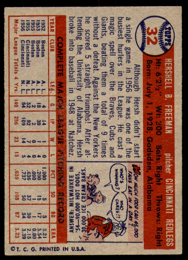 1957 Topps #32 Hershell Freeman Ex-Mint  ID: 228111