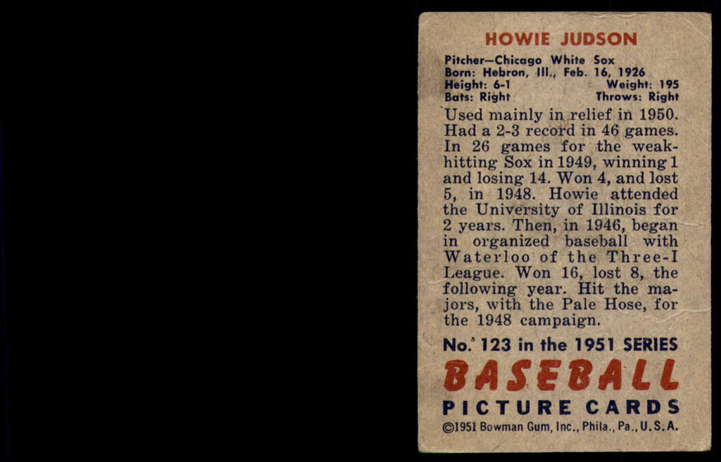 1951 Bowman #123 Howie Judson Very Good 