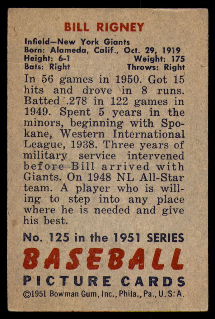 1951 Bowman #125 Bill Rigney Very Good 