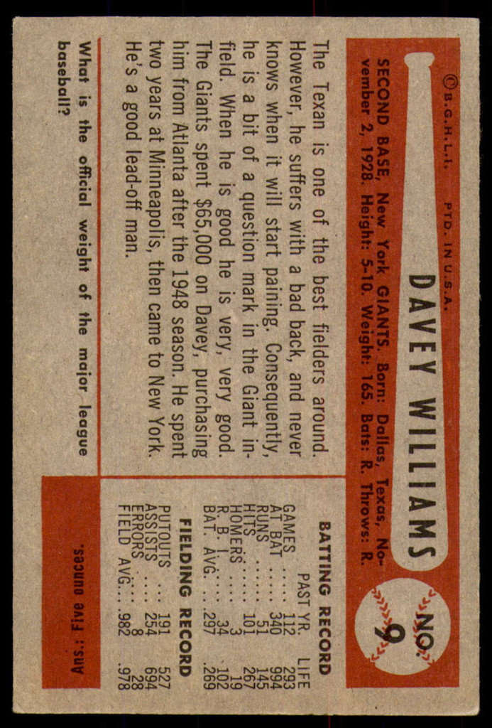 1954 Bowman #9 Dave Williams Excellent+  ID: 237633