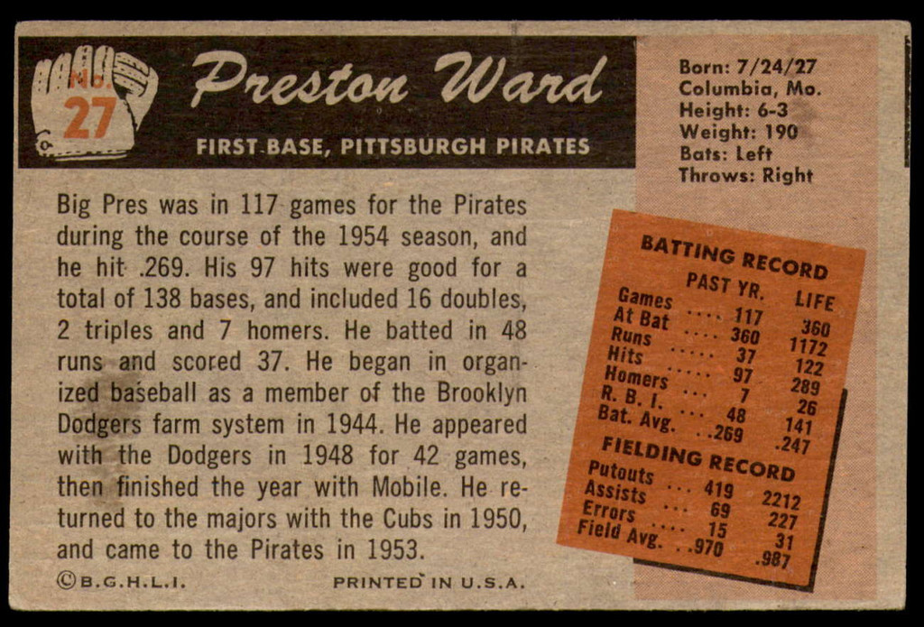 1955 Bowman #27 Preston Ward Excellent+  ID: 210252
