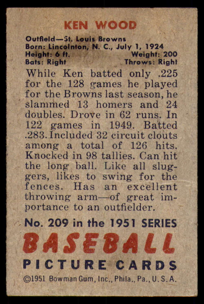 1951 Bowman #209 Ken Wood Very Good 