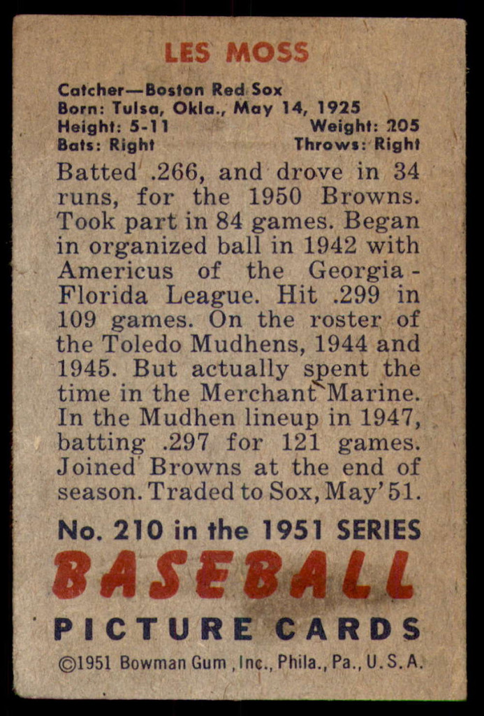 1951 Bowman #210 Les Moss Very Good  ID: 210008