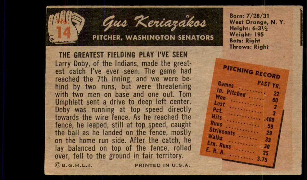 1955 Bowman #14 Gus Keriazakos Excellent+ RC Rookie 
