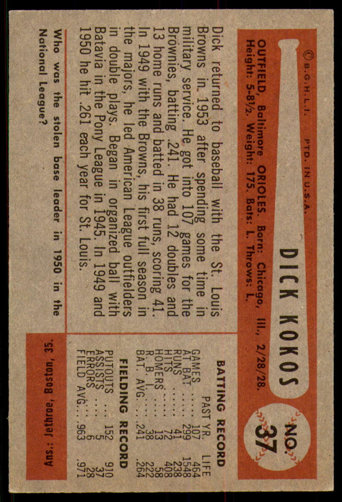 1954 Bowman #37 Dick Kokos Excellent+  ID: 237675