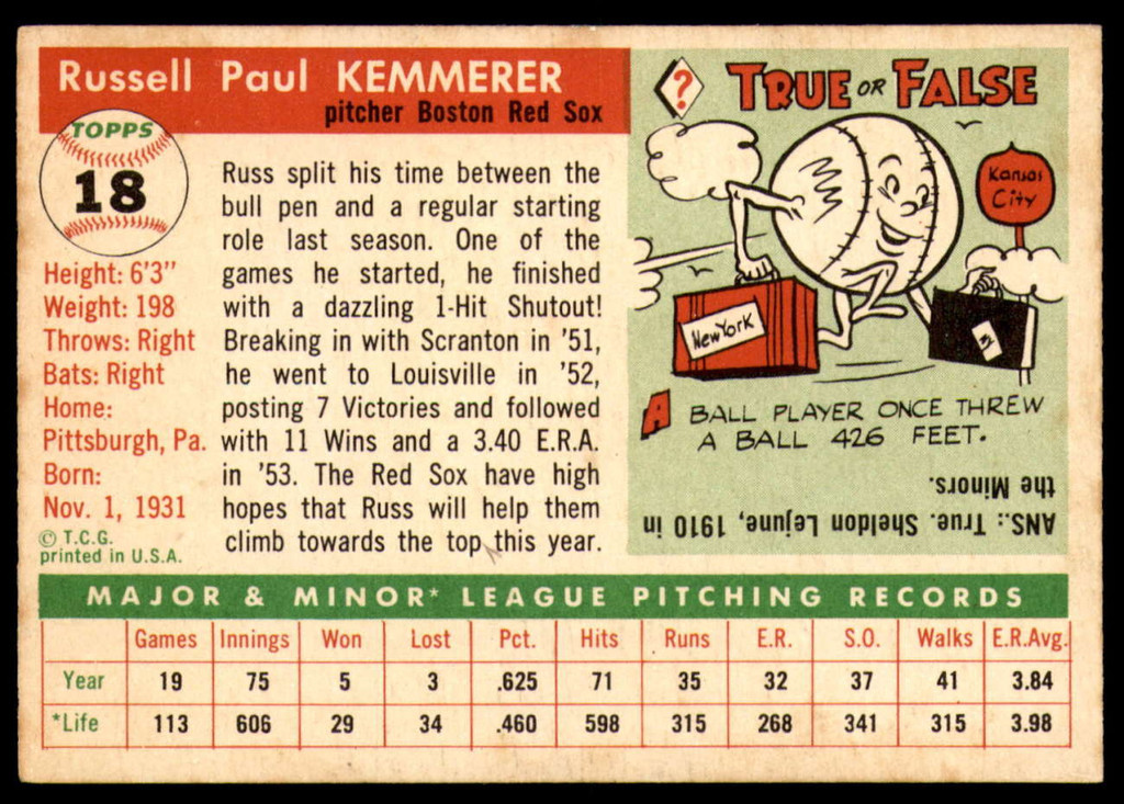 1955 Topps #18 Russ Kemmerer Excellent+ RC Rookie  ID: 223101